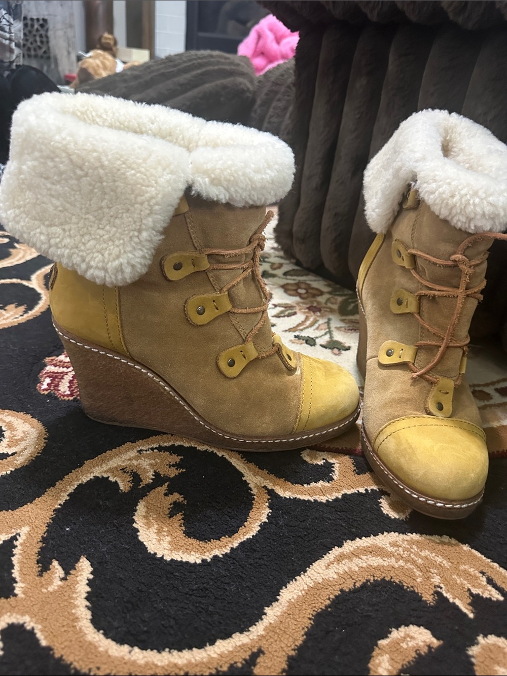 Australia Luxe collective Mona Wedge full Shearling Cuff Booties - Tan size 7